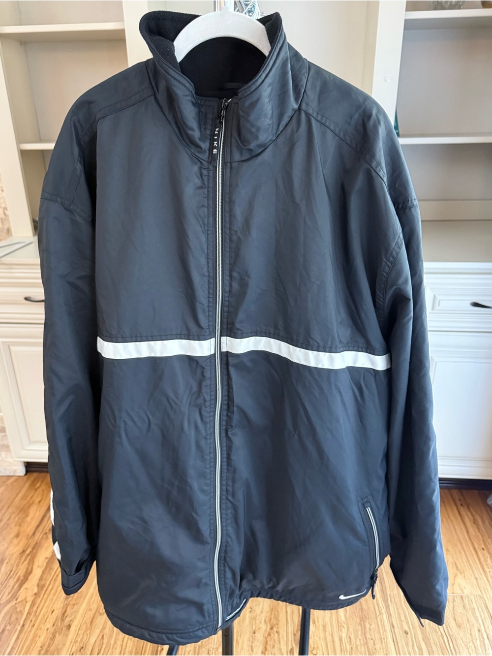 Vtg Nike Full Zip Nylon Jacket Fleece Lined Body Black Wht Stripe Pockets Sz XXL
